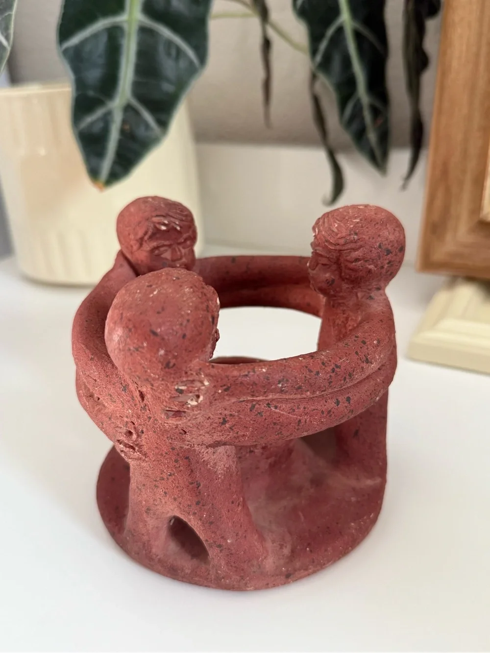 Vintage Red Terracotta Circle of Friends Three Figurine Candle Holder